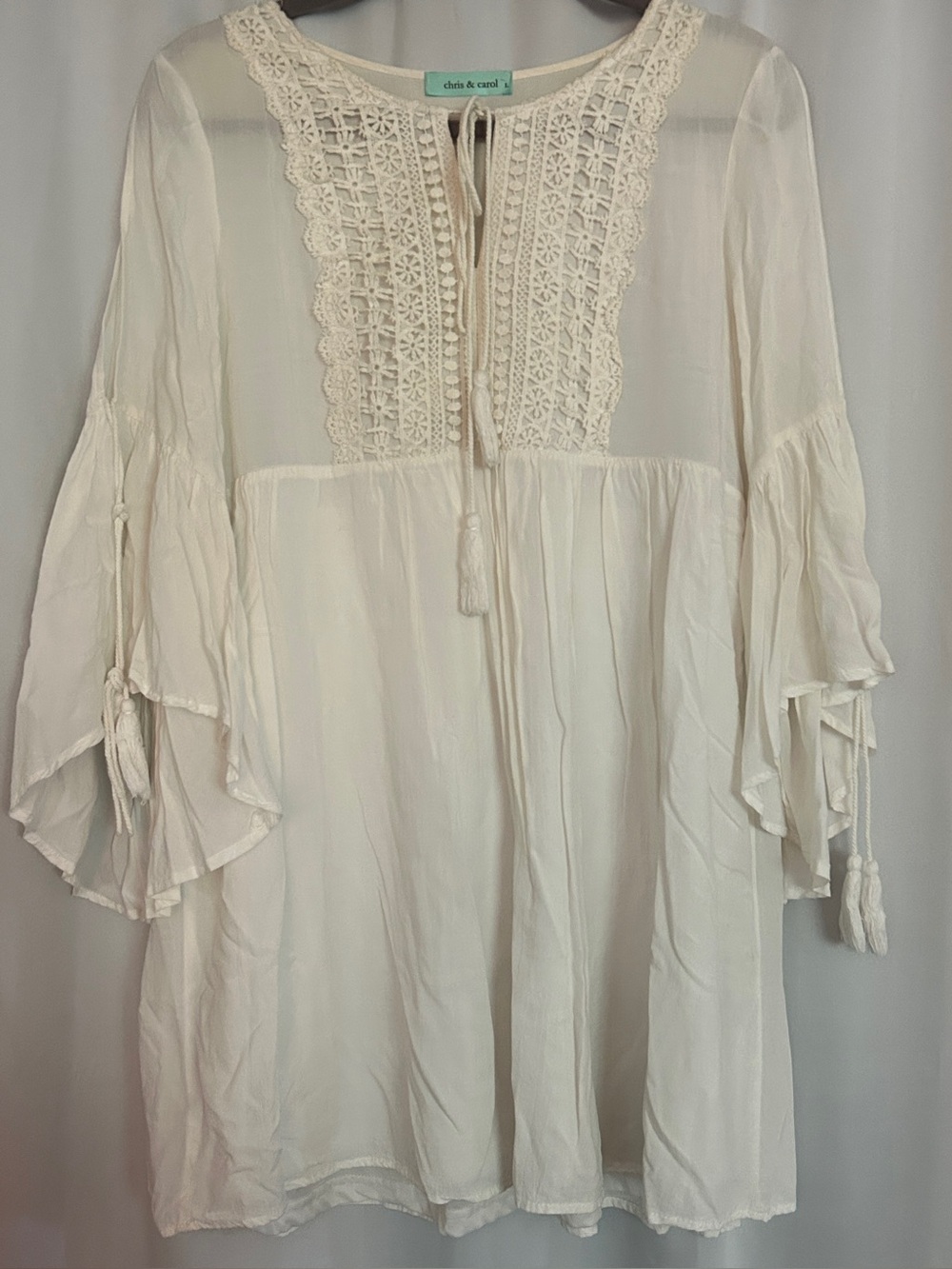 Chris & Carol White Split Bell Sleeve Mini Dress Lace Coverup Swim Large